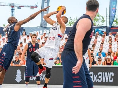 Team USA Men's Basketball team defends during a 3 v 3 game